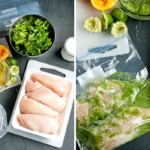 Raw chicken thighs marinating in a green herb and citrus mixture in a zip-top bag