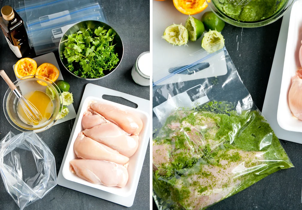 Raw chicken thighs marinating in a green herb and citrus mixture in a zip-top bag