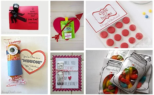 Collage of edible Valentine treats with candy and paper