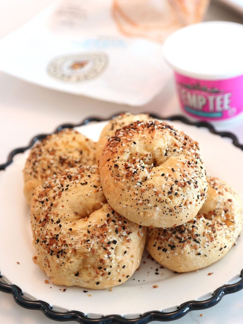 Topped gluten-free cottage cheese bagels ready to serve
