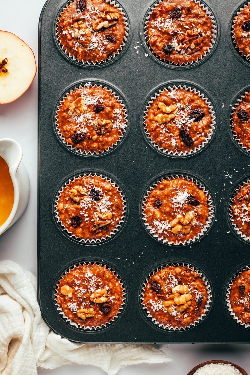 Muffin tin filled with raw muffin batter