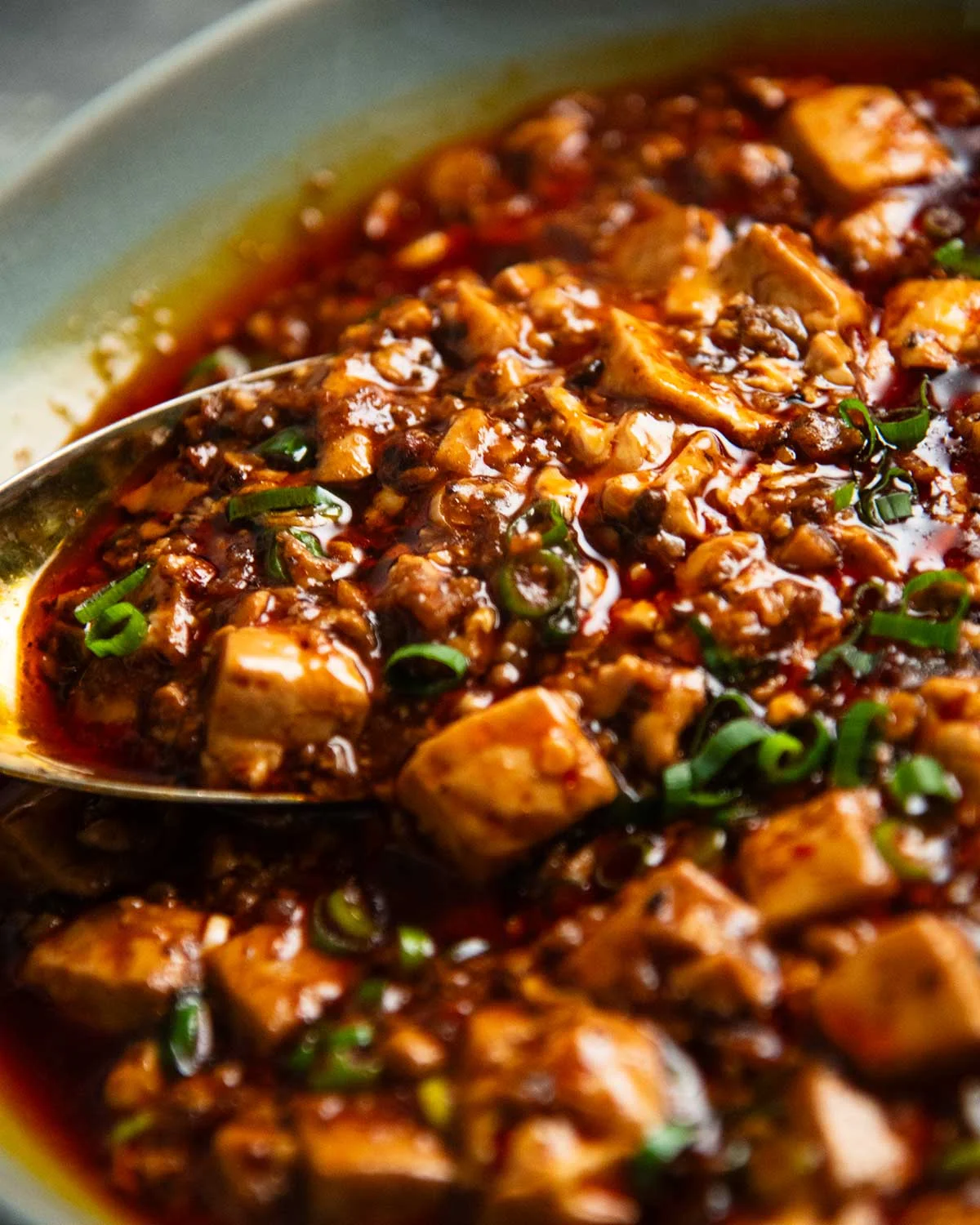 Bowl of mapo tofu with silken tofu in red chilli sauce over rice