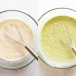 Whisking matcha into milk for overnight oats
