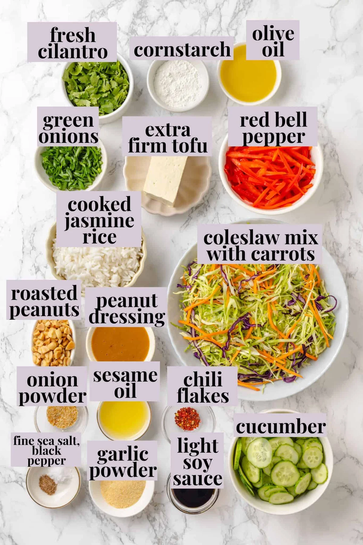 Labeled ingredients for crispy tofu rice salad on counter