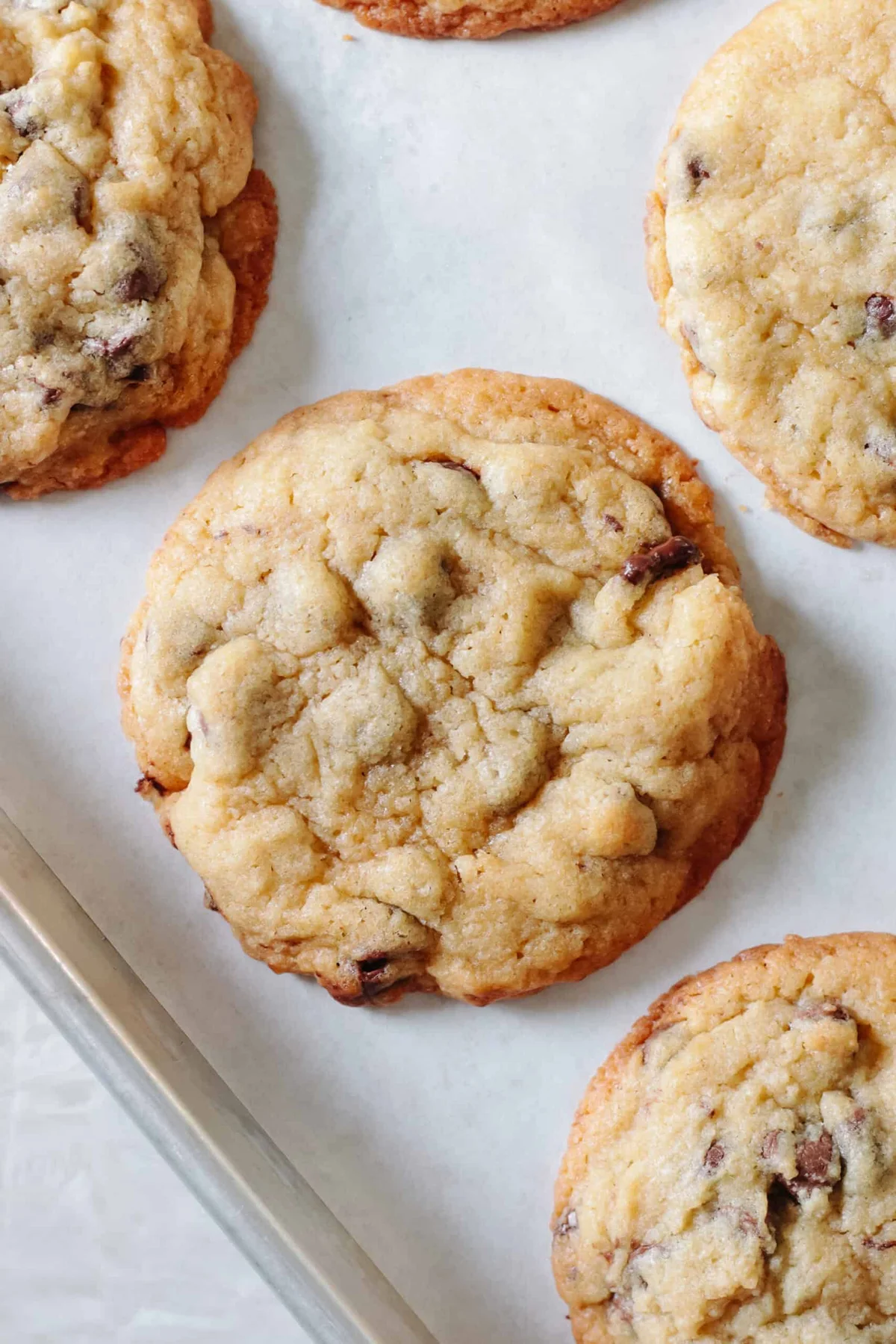 Freshly baked chocolate chip cookies on a parchment-lined baking sheet