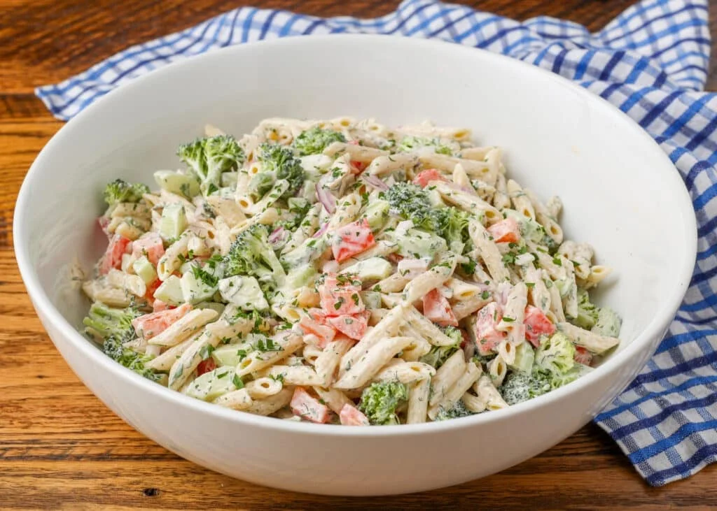 Full bowl of creamy ranch pasta salad from above