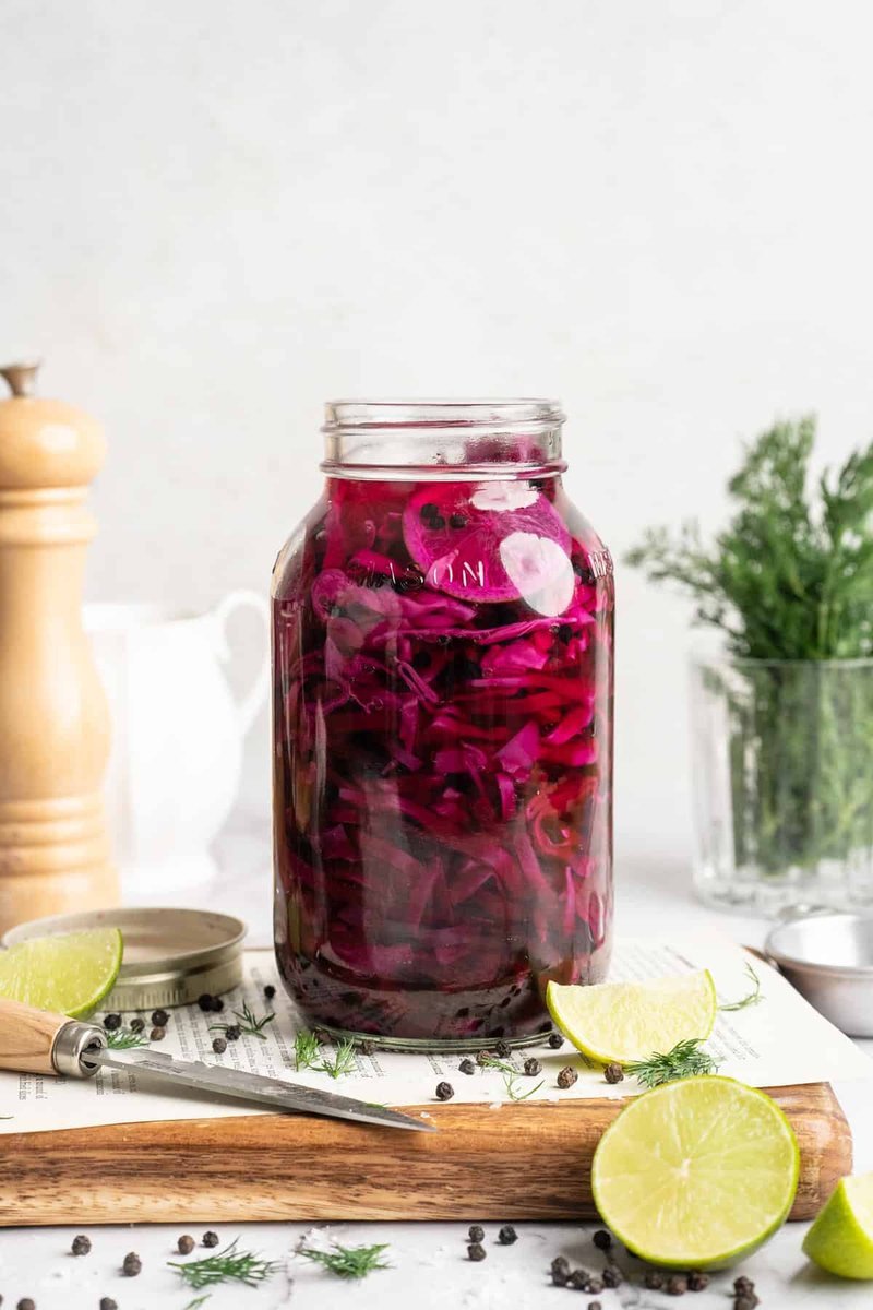 Finished jar of quick pickled red cabbage ready to refrigerate