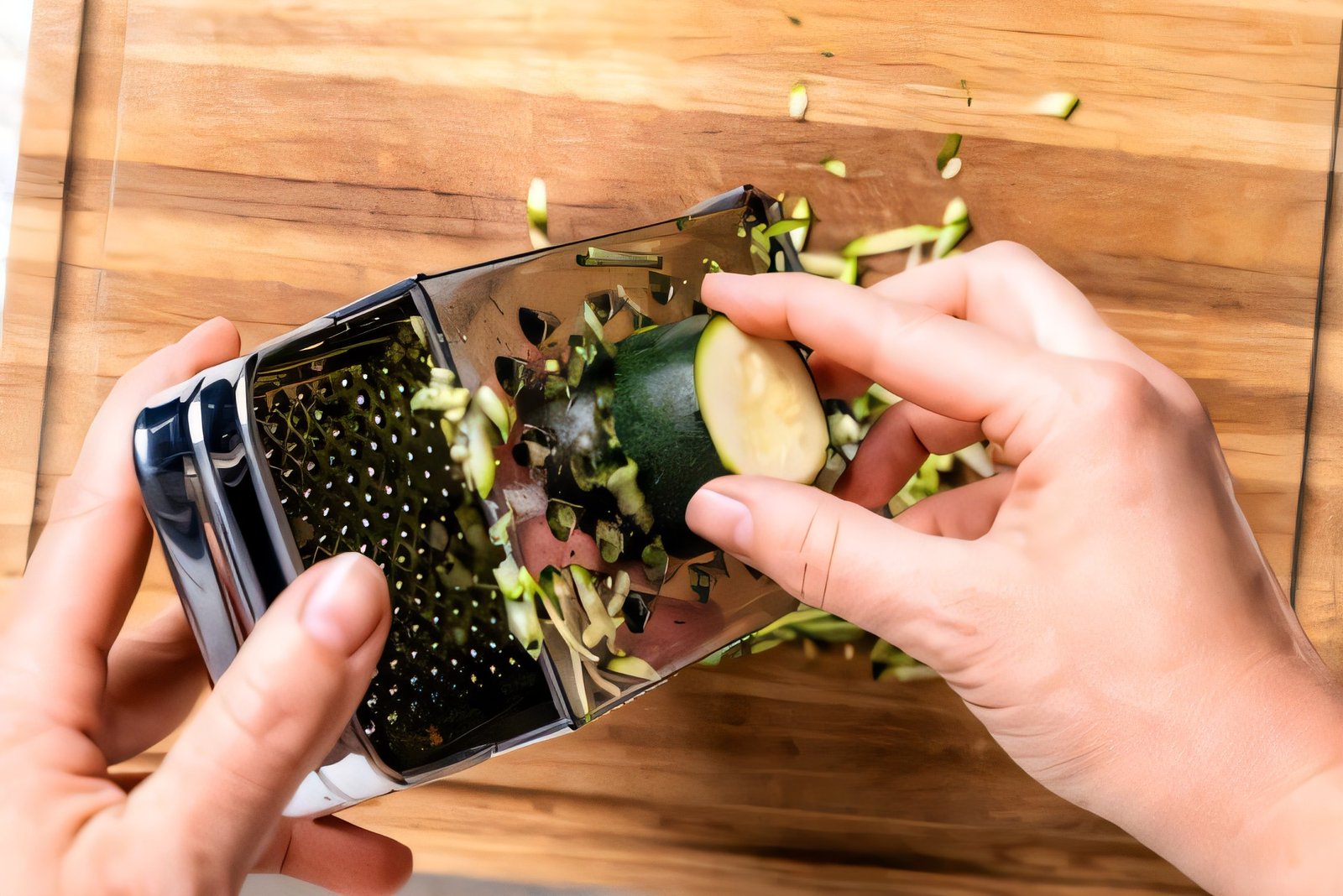 Hands squeezing moisture from shredded zucchini in a towel