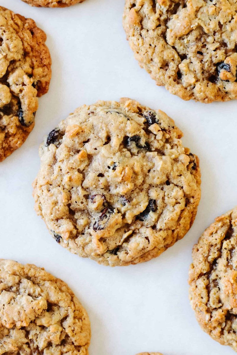 Soft oatmeal raisin cookies with a crackled golden surface