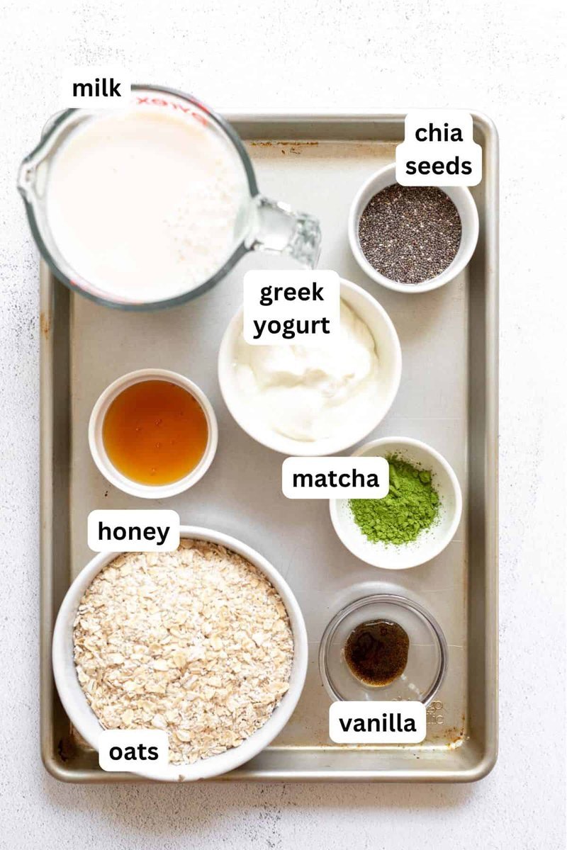 Oats, matcha, yogurt, honey, milk, chia seeds, and vanilla labeled