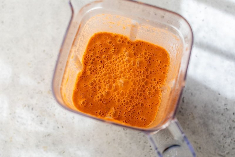 Pulsing reserved vegetables into gazpacho for texture