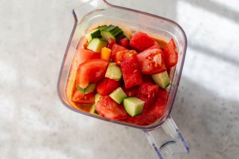 Chilled watermelon gazpacho before final tasting and serving