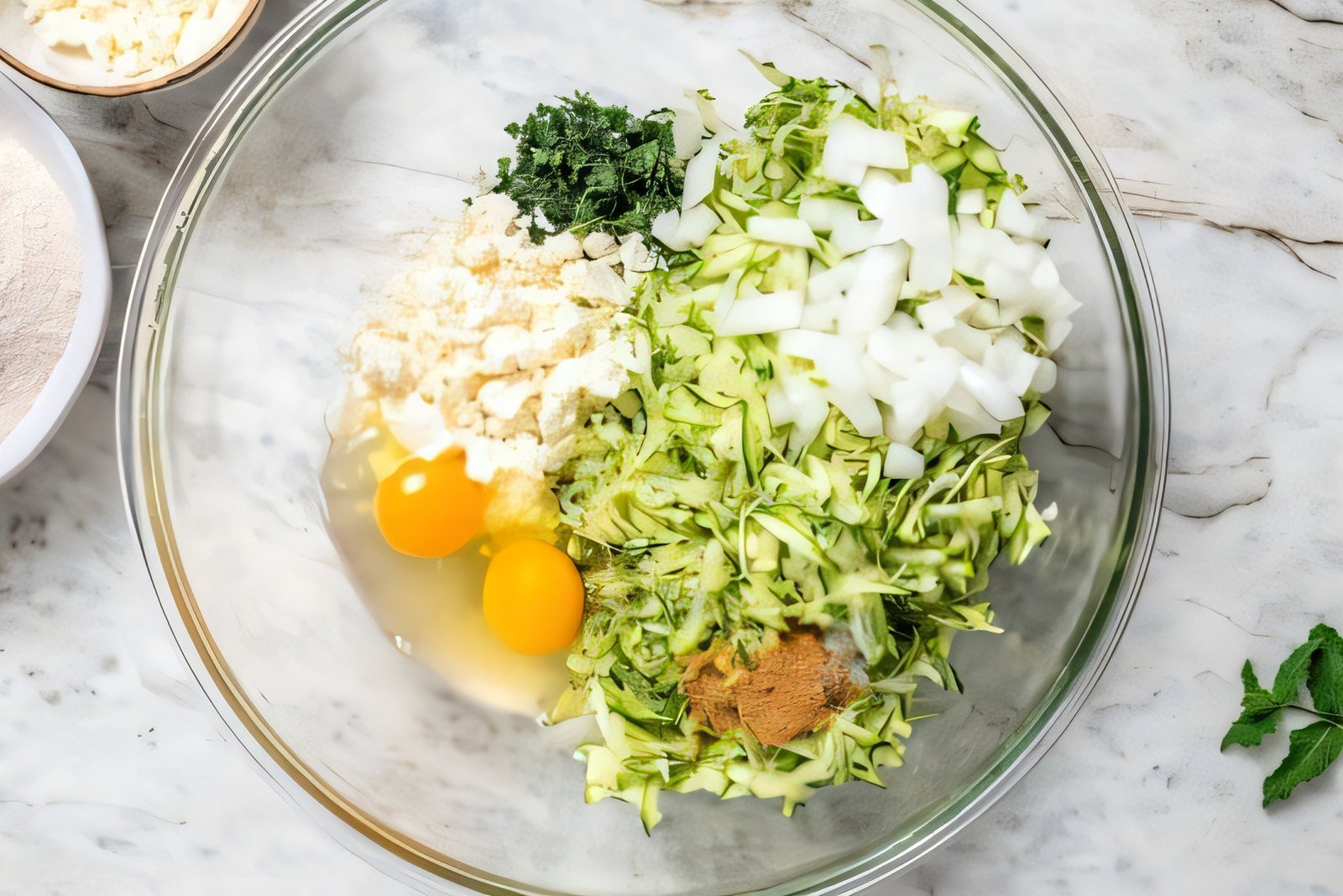 Flour folded into the zucchini fritter batter