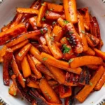 Honey-glazed roasted carrots with thyme in a ceramic bowl