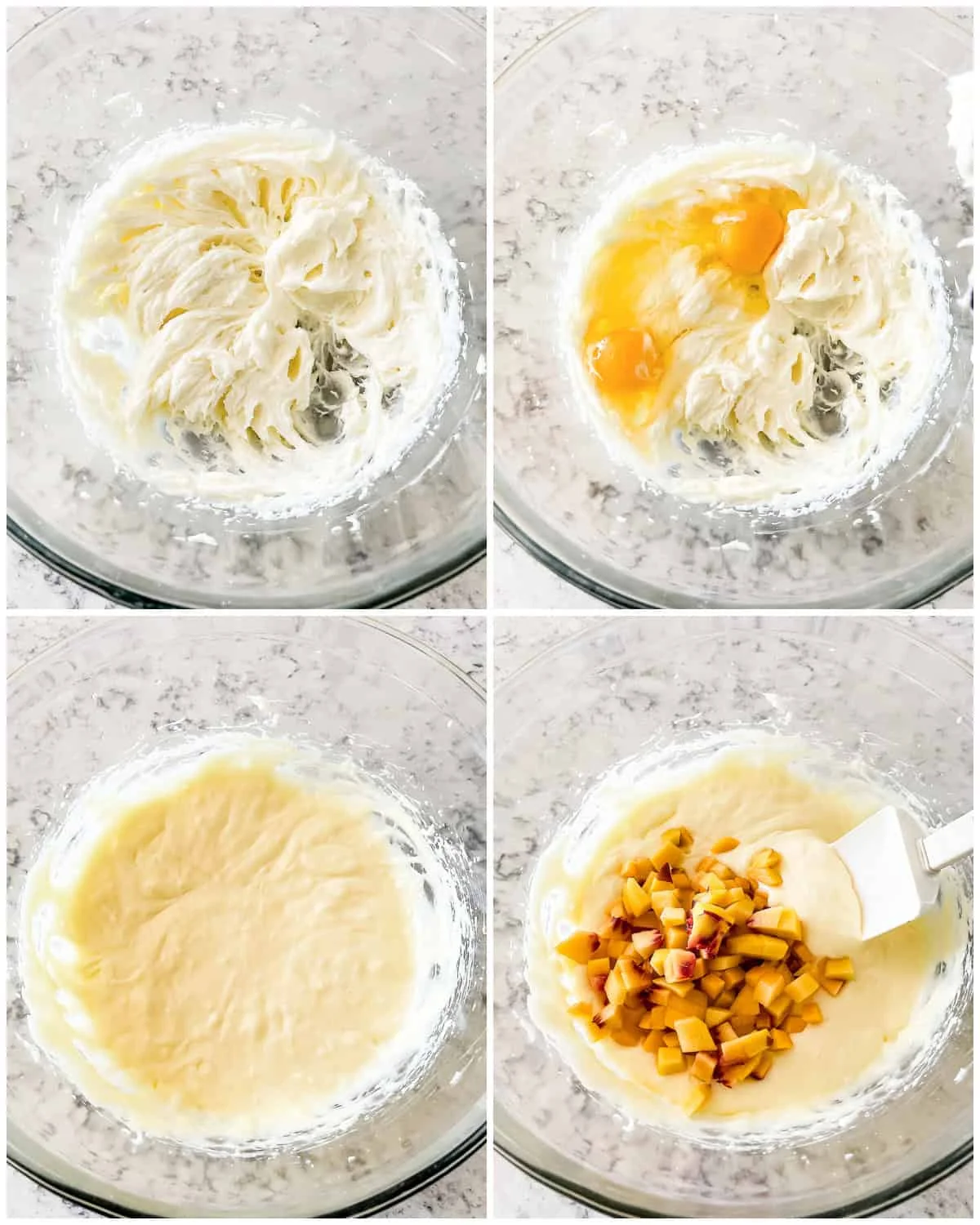 Cream cheese and peach wet ingredients mixed in a bowl