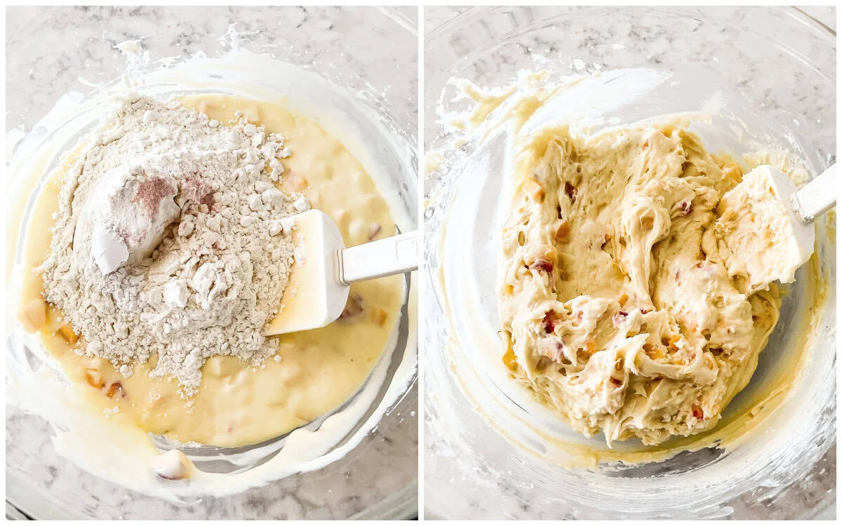 Flour stirred gently into peach bread batter