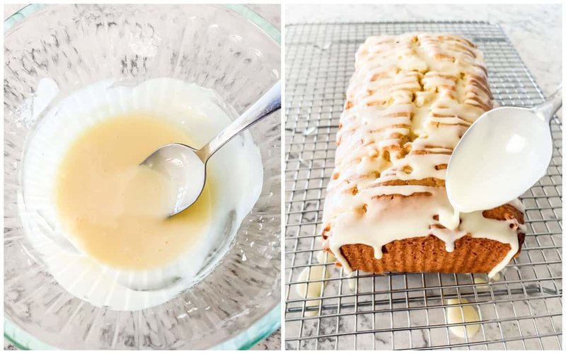 Orange glaze being drizzled over a slice of peach bread